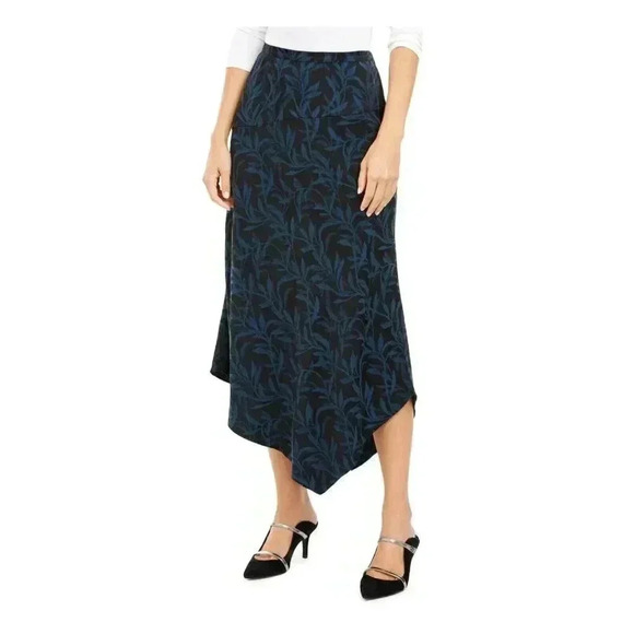 ALFANI Black/Teal Floral Asymmetrical Hem Midi Skirt NEW 14 - Picture 2 of 9